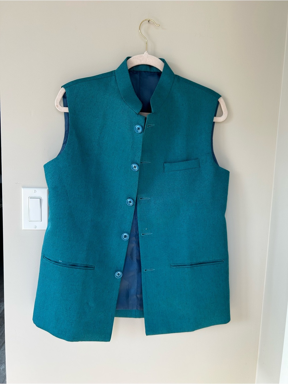 Men's Teal Wool Nehru Vest Jacket - Sleeveless Coat